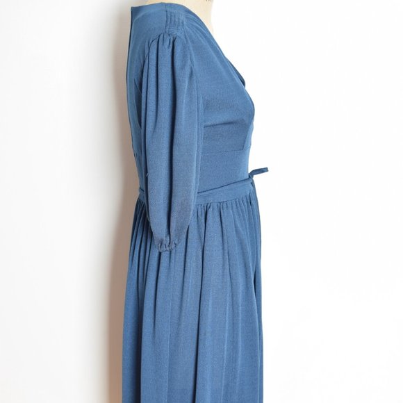 vintage 70s dress navy blue disco surplice deep V midi dress S M - Picture 4 of 7